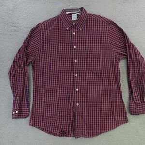 Brooks Brothers Shirt Mens Large Red Blue Gray Checked Long Sleeve Regent